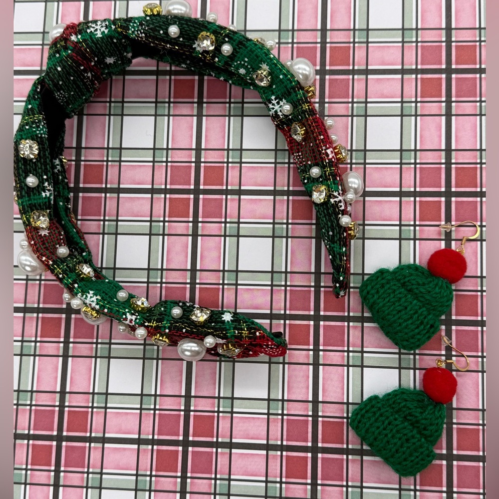 Christmas Rhinestone Pearl Headband & Mini Knit Hat Earrings Matching Set‎ Cute
